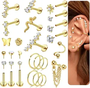 25Pcs 16G Cartilage Earrings for Women Hypoallergenic Stainless Steel Hoop Stud Helix Labret Nose Conch Daith Tragus Piercing Jewelry
