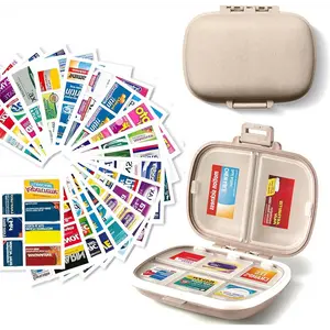 Pill Organizer with Medicine Labels Travel Daily Pill Container Mini Medication Organizer Storage Pill Organizer Travel Essentials Pill Case 7 Day Pill Organizer (Beige, 161 Lables)
