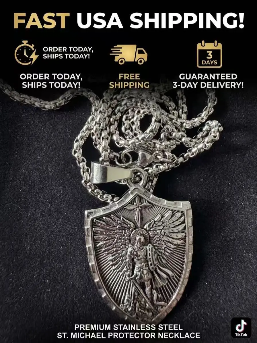 ⁠St. Michael Archangel Shield Pendant Necklace - 316L Stainless Steel Protection Jewelry for Men & Women⁠