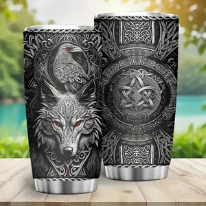 Viking Tumbler 20oz for Men - Wolf & Celtic Knot Design Stainless Steel Mug, Double Wall Insulated Travel Cup, Norse Gift for Birthday, Christmas, Fathers Day, Hand Wash Only