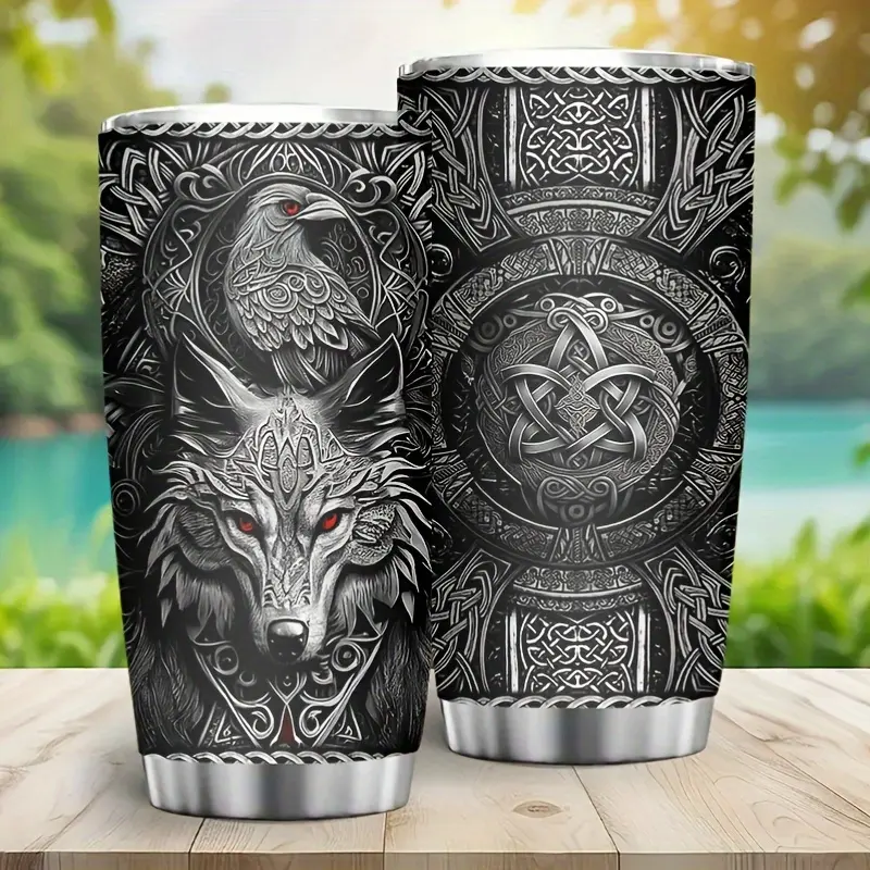 20oz Viking Insulated Stainless Steel Travel Coffee Mug for Men - Wolf & Celtic Knot Design, Double Wall Vacuum, Portable with Lid, Ideal for Camping Hiking Cabin Trips Picnic Office Work Hot/Cold Drinks