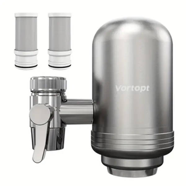 304 Food Grade Stainless Steel Faucet Mount Water Filter T2 (1 Filter), 500 Gal Activated Carbon Purifier, 1.79 GPM Flow, 3-Month Lifespan, Easy to Install Tap System, Lead-Chlorine Removal, Taste Improvement, for Cooking, Cleaning