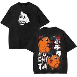 valentine shirts Chainsaw Man Denji Pochita Washed 2 Sided Print Anime Manga Game T Shirt Menswear Soft Double Sided Epic Streetwear Graphic Tees Tops streetwear t-shirt clothes