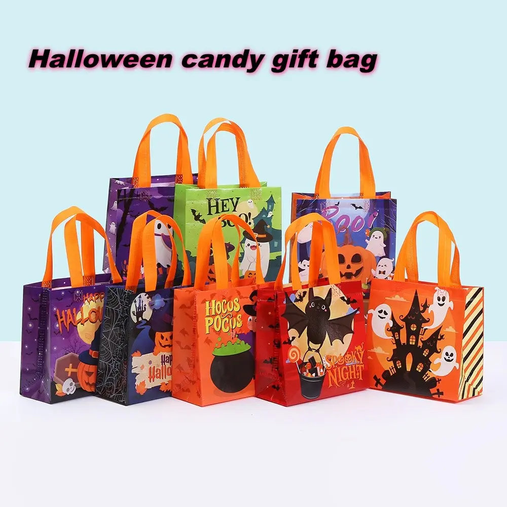 Halloween Candy Bags, Goody Bags, Party Favor Bags, Party Favors Bag, 16pcs/32pcs Non-Woven Material, Ghost Bat Pumpkin Witch Design, 7.87x7.87x3.54 Inches, Perfect for Trick-Or-Treating