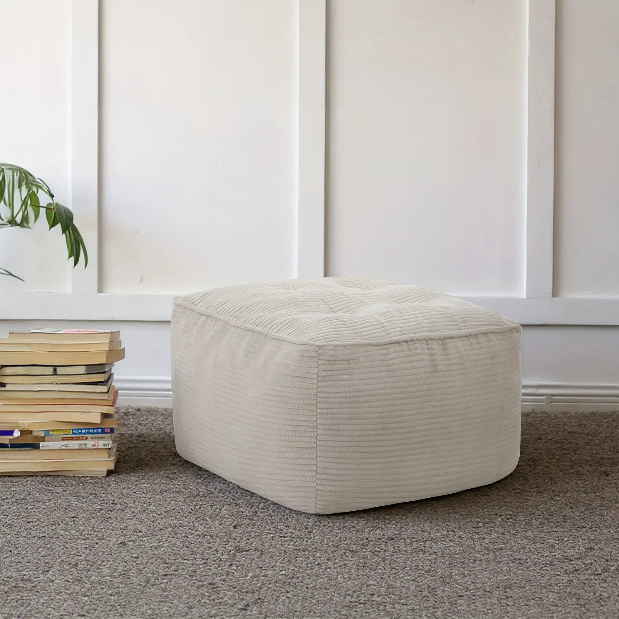 Cozy Foam-Stuffed Square Cube Corduroy Ottoman Stool - Indoor Furniture Footrest for Living Room, Recreation Room