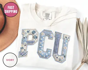 PCU Faux Patchwork Shirt, Faux Embroidery Shirt, Preppy College Shirt, Floral Patchwork Tee, Aesthetic Varsity Shirt, Pcu Graphic Tee