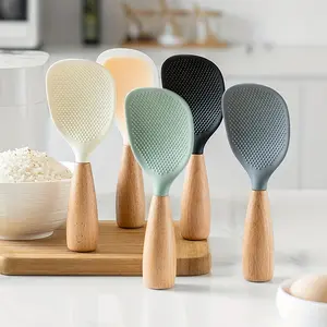 Silicone Spoon with Wooden Handle & 1 Count Heat-insulation Heat-resistant Spoon for Rice Cooker & Modern Practical Kitchen Tool for Home Restaurant, Kitchen Accessories, Kitchenware, Nonstick Cooking Spoon, Wooden Cooking Tools, Kitchen Utensils Gadgets