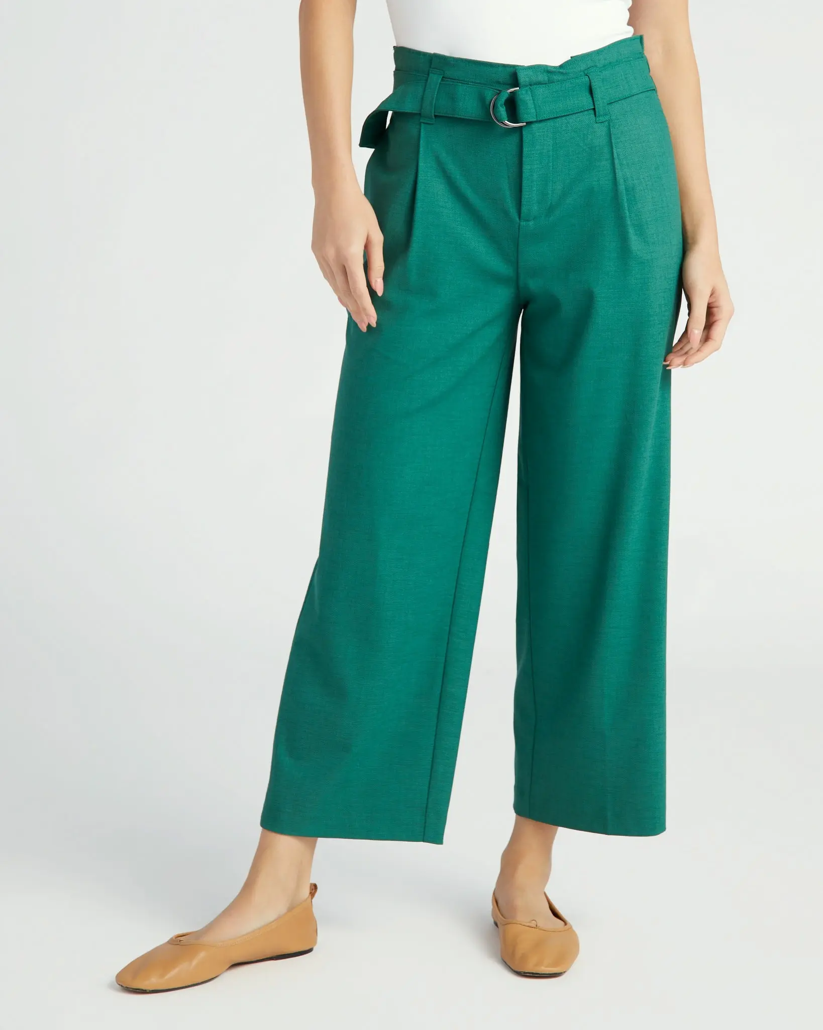 Women's Belted Paperbag Wide Leg Knit Bottoms - Adjustable, Lightweight, Cropped, Pants, Paperbag Cut, Phone Pockets
