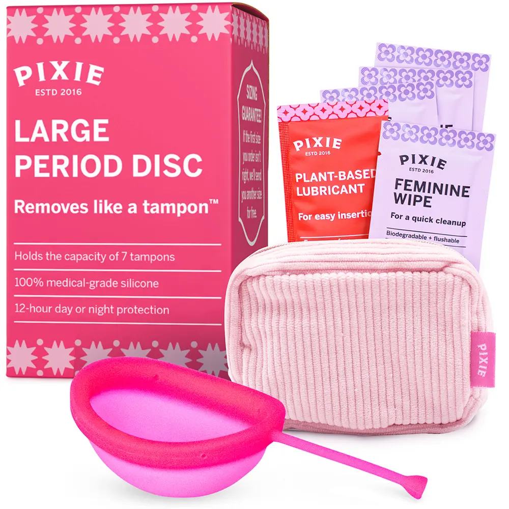 Pixie Menstrual Disc for Feminine Care - Ranked 1 for Best Tampon Alternative Period Disc - 100% Medical-Grade Silicone - Removes Like a Tampon - Wear 12 Hours - Capacity of 7 Tampons (Large, Pink)