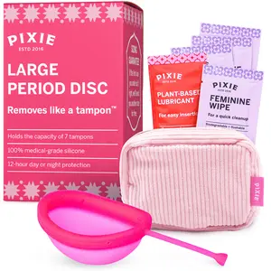 Pixie Menstrual Disc for Feminine Care - Ranked 1 for Best Tampon Alternative Period Disc - 100% Medical-Grade Silicone - Removes Like a Tampon - Wear 12 Hours - Capacity of 7 Tampons (Large, Pink)