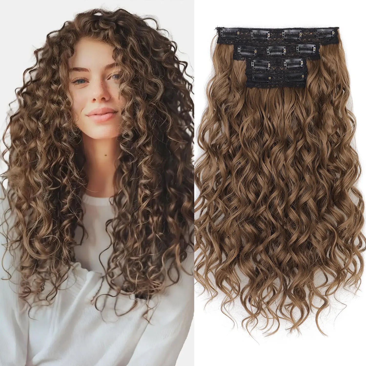 Women's Synthetic Curly Wavy Clip-In Hair Extensions - 4PCS 16in Black Short Bouncy Invisible Pieces for Quick Hair Enhancement, Synthetic Hair Extensions, Short Bouncy Curly