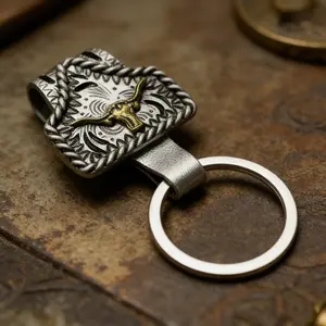 Handmade Cow Tag Belt Key Holder with Copper Initial – Custom Western Keychain, Texas-Inspired Fashion Accessory for Bags, Keys & Gifts perfect family men jewelry