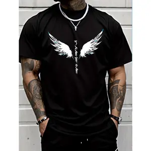 Men's Angel Wings T-Shirt - Japanese Calligraphy Print, Lightweight, Casual & Versatile for Gym & Leisure, Black with White & Blue Wing Design