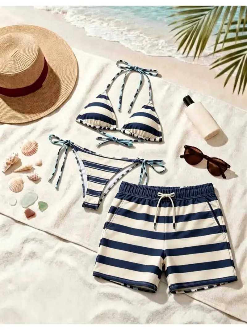 American Style Abstract Print Couple Swimsuit, Women'S Tie Side Bikini Men'S Board Shorts with Pocket Elastic String Seaside Bathing Suit