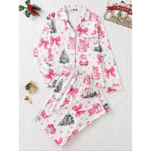 Women's Christmas Pajama Set, Long Sleeve Lapel Design, Elastic Comfortable Pants, Elegant Sleepwear for Ladies, Loungewear