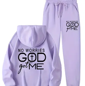 No Worries God Got Me Women’s 2 Piece Sweatsuit | Christian Faith Letter Print Hoodie & Joggers Set | Casual Fall Lounge Wear Tracksuit | Purple, Pink, Grey, Black | Oversized Streetwear Activewear Matching Set