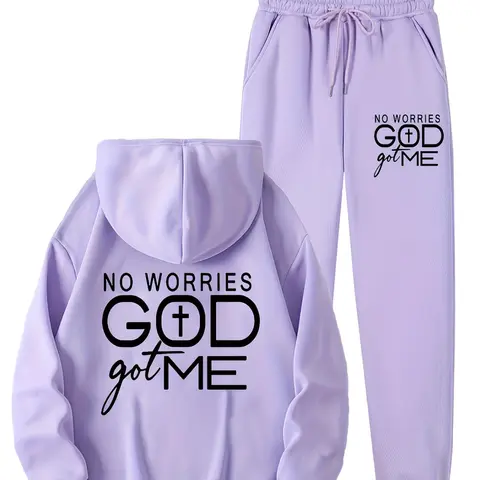 No Worries God Got Me Women’s 2 Piece Sweatsuit | Christian Faith Letter Print Hoodie & Joggers Set | Casual Fall Lounge Wear Tracksuit | Purple, Pink, Grey, Black | Oversized Streetwear Activewear Matching Set