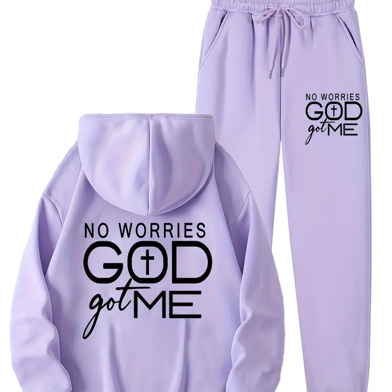 No Worries God Got Me Women’s 2 Piece Sweatsuit | Christian Faith Letter Print Hoodie & Joggers Set | Casual Fall Lounge Wear Tracksuit | Purple, Pink, Grey, Black | Oversized Streetwear Activewear Matching Set