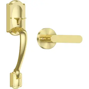 Front Door Handle No Lock, Entry Door Handle Exterior with Interior Reversible Handle Lever, Half Grip, Single Cylinder, Door Handle Sets for or Left Handed Door, Gold