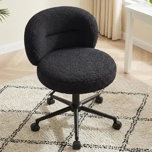 【Summervibes】Raybee Small Round Vanity Chair with Wheels, Armless Home Office Desk Chairs with Back, Height Adjustable & 360° Swivel, Cute Comfy Vanity Computer Chair for Bedroom, Home Office, White