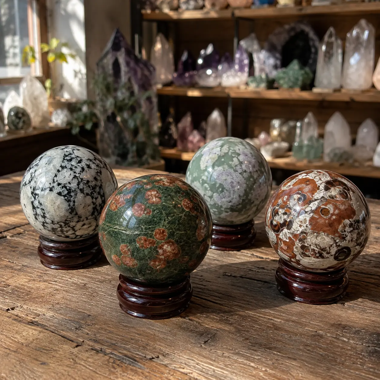 Crystal spheres made from various natural materials—such as Taiji flower stone, pink-base green cherry blossom sticious jade, and "money" agate—make excellent home decor ornaments.Geological gifts, DIY,Mineral Specimen,Christmas,Valentine'
