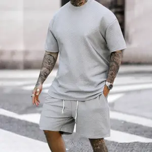 Men's Light Gray Textured Men 2 Piece Sets | Casual Summer Streetwear Short Sleeve Tee & Shorts Outfit Shortsleeve fathersdaygift