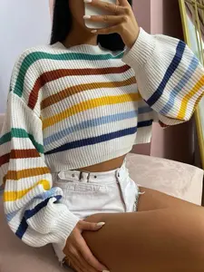 Autumn Winter Simple Style Colorful Striped Short Pullover Sweater, Spring Fashion Casual Lantern Long Sleeve Loose Fit Knitwear