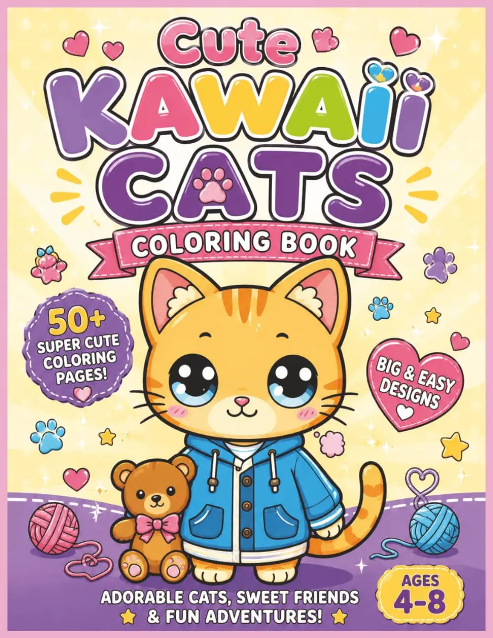 Cute Kawaii Cats: Big & Easy Kawaii Cat Coloring Pages Featuring Cute Cats, Cozy Outfits, Sweet Treats, Toys, Flowers, and Adorable Friends for Kids Ages 4-8
