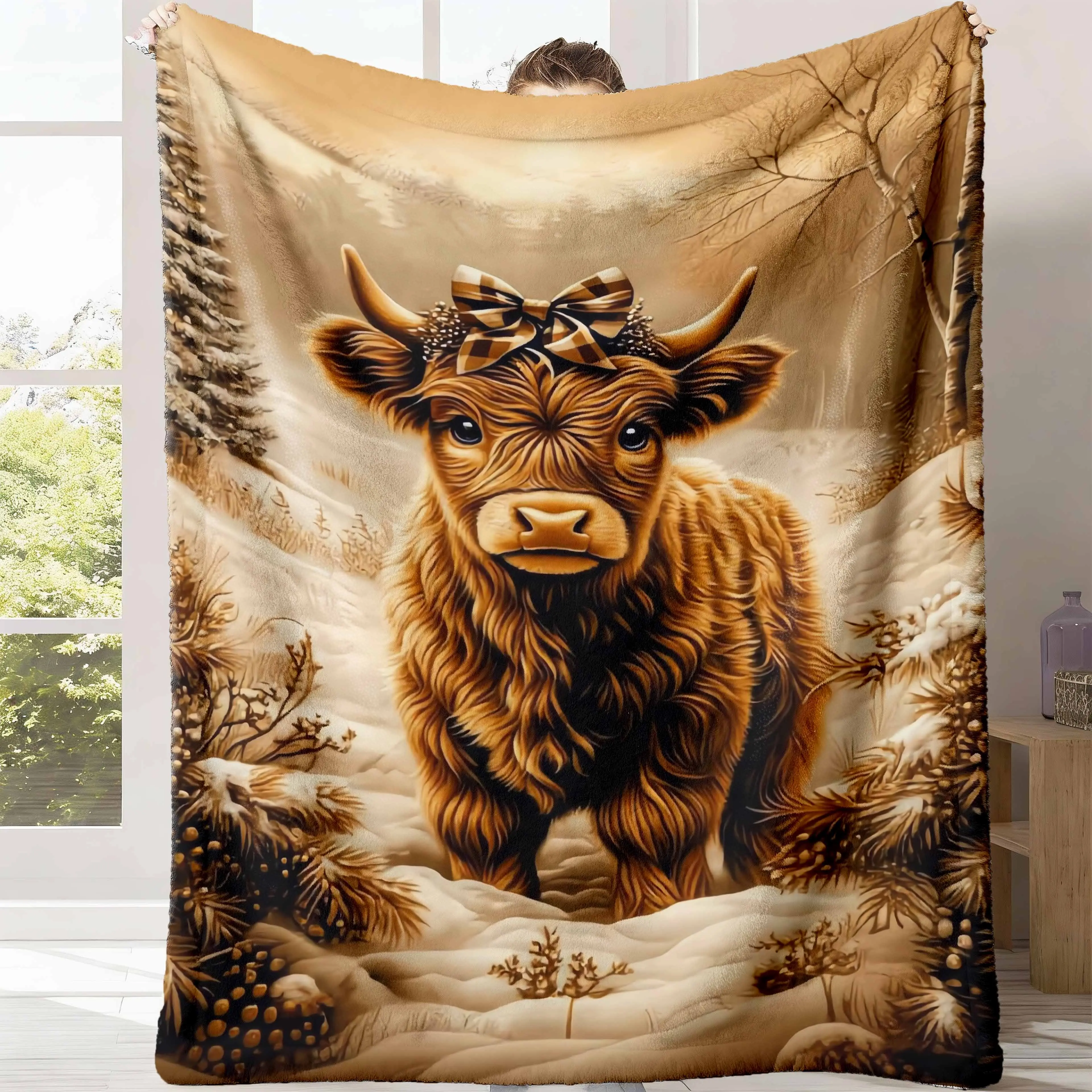 Highland Cow Print Fleece Throw Blanket - Customized Flat Weave Flannel Fabric, Super Soft, Warm, Stain Resistant, Fade Resistant, Durable, Multi-Size; Ideal Gift for Moms, Home Use, Warm Fleece Hug