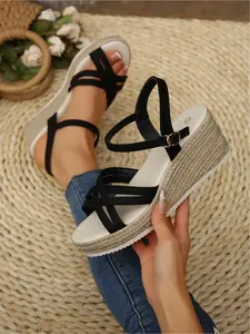A pair of new large-size women's cross-strap wedge sandals with buckles, suitable for outdoor wear, stylish, simple, comfortable, lightweight for daily use, commuting, and parties, versatile wedge thick-soled sandals