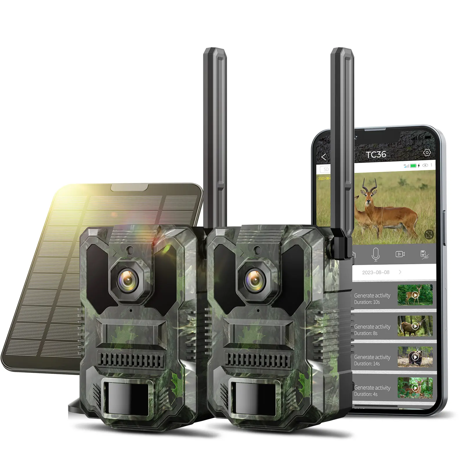 VOOPEAK Trail Camera 2 Pack, 4G LTE Cellular Trail Camera with Built-in SIM Card 2.5K HD Live Streaming Solar Panel 4 Area in 1 Screen Night Vision Motion Activated Game Camera for Hunting & Outdoor