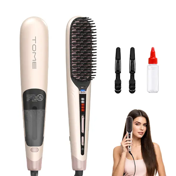 TOME Steam Hair Straightener Brush for Frizz Control, 2 Steam Levels & 3 Heat Settings, Anti-Scald Fast Styling Brush, Dual Voltage 100-240V, Adjustable, Daily, Smooth