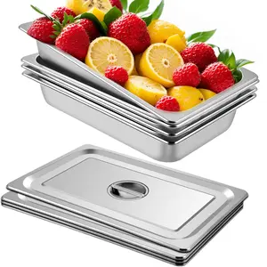 VEVOR 4 Pack Steam Table Pans 20.9 x 12.8 x 3.9 Inch Deep Steam Table Pan Full Size 13L Deep Food Container Stainless Steel Oven Tray Hotel Pans Anti-Jam Steam Table Food Pan Round Family