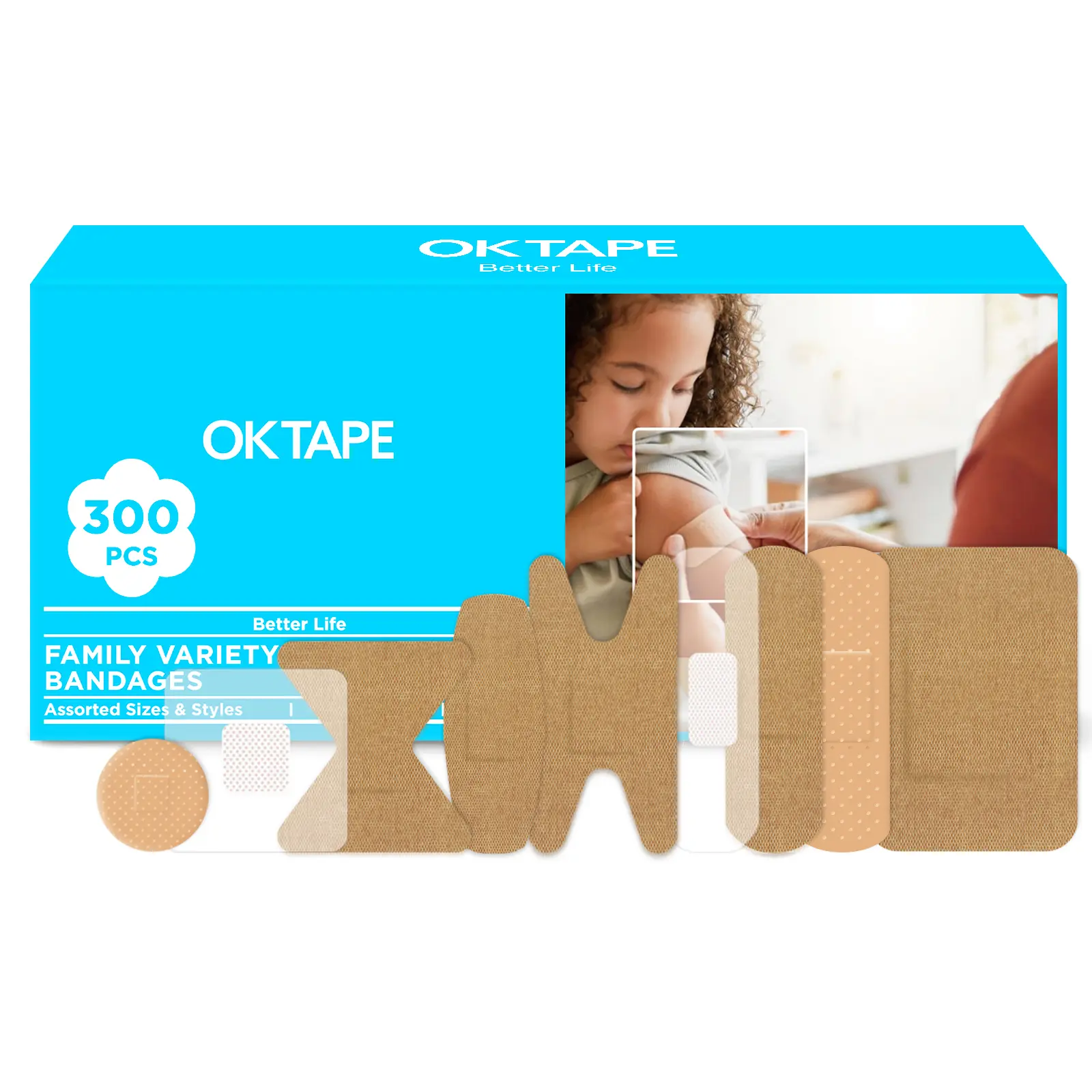 OK TAPE Assorted Adhesive Bandages, 300 Ct, 9 Sizes Sterile Bandage for Wounds, Fingertip and Knuckle, Latex Free, Protection for First Aid (Fabric, Sheer, Waterproof&Clear)