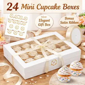 6 Pack Mini Cupcake Boxes – Holds 24 Mini Cupcakes, White Bakery Window Box with Ribbon & Sticker – Party Favor Gift Box