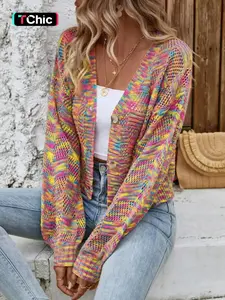 Women's All Over Print Knitting Cardigan, Lightweight Casual Top, Casual Long Sleeve Knitwear for Spring & Fall, Fashion Women's Knit Clothing for Daily Wear, Knitted Cardigan Tops
