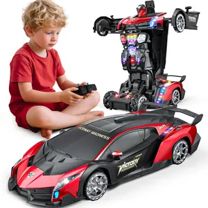 Holyton Large 1:10 Transforming RC Car Robot for Kids, Gesture Control Remote Control Car with One-Button Transform, Lights Music Spray, 2 Batteries