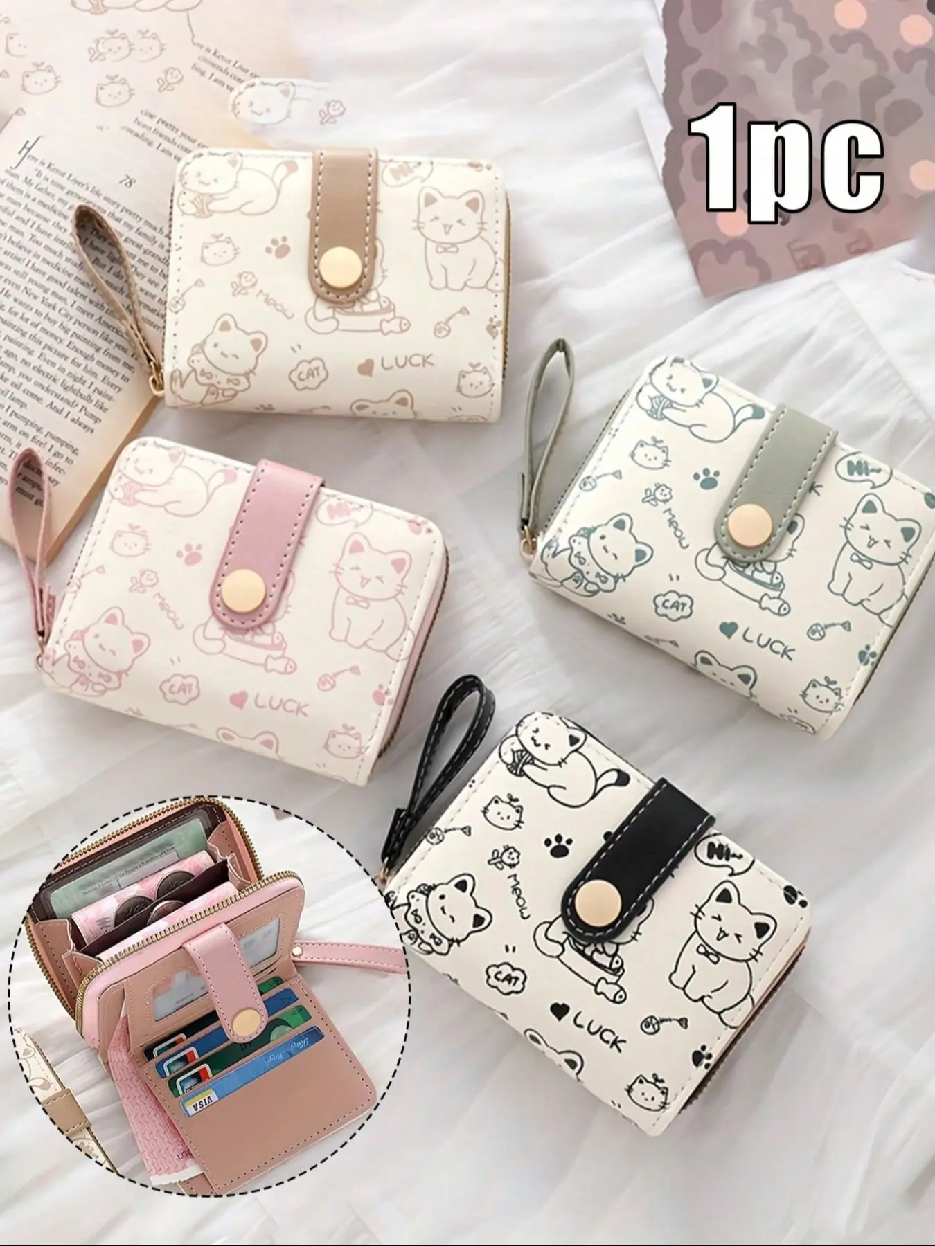 Women's Mini Wallet with Cute Cat Pattern, Small Zipper Coin Purse, Multiple Card Slots, Wrist Strap, Large Capacity, Fashionable Faux Leather, Kawaii Wallet