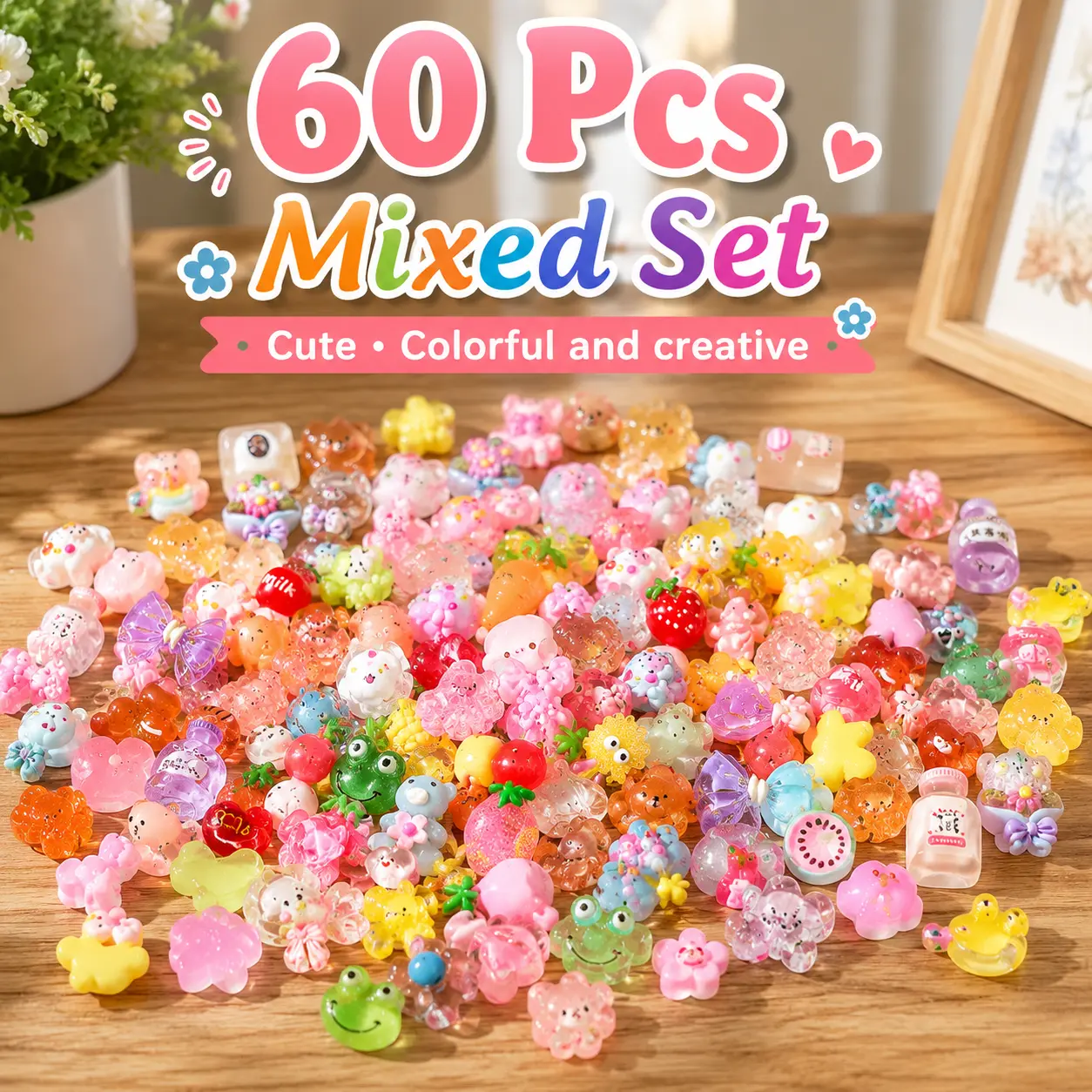 60pcs Embellishments Cute Set, Flat Back Bulk Mixed Resin Ornament Scrapbooking Set