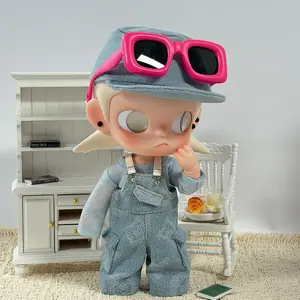1/8 articulated doll set: retro washed blue denim overalls outfit with jacquard design + matching solid-color base layer top; trendy workwear styling for dolls