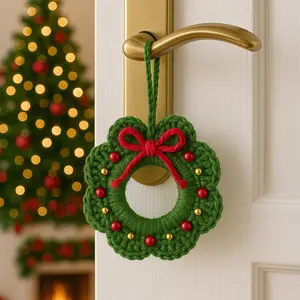 Handmade Crochet Christmas Wreath Ornament – Yarn Door Hanger with Red Bow & Beads
