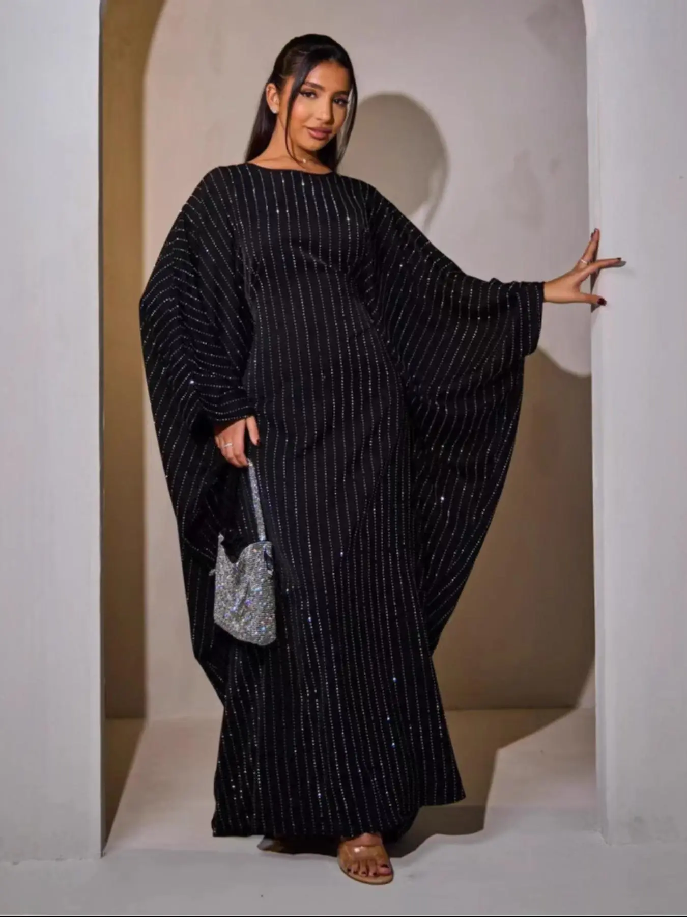 Women's Glitter Dress, Elegant Long Sleeve Maxi Arabic Clothing for Party Evening Formal Occasions, Ladies Clothes for All Seasons Formal Wear, Sparkly Glitter Dresses