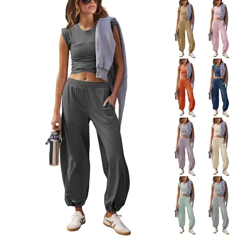 TanmingModa Women's 2-Piece Basics Comfy Fits Crew Neck Tracksuit Lounge Set - Lightweight Cotton Minimalist Cropped Short-Sleeve Top, High-Rise Joggers Pants with Pockets, Casual Chic Athletic Activewear