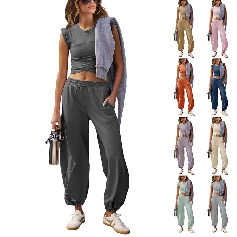 TanmingModa Women's 2-Piece Basics Comfy Fits Crew Neck Tracksuit Lounge Set - Lightweight Cotton Minimalist Cropped Short-Sleeve Top, High-Rise Joggers Pants with Pockets, Casual Chic Athletic Activewear