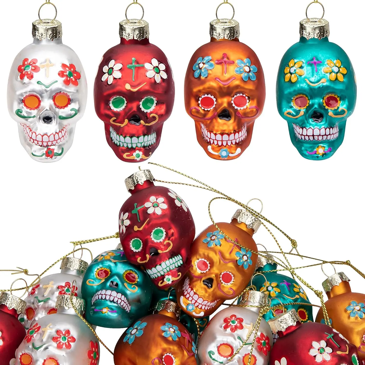 12 count Day of The  Glass Ornaments - Dia De Los Muertos Sugar Skull Ornaments - Halloween Hanging Skeleton  Ornament for Christmas Tree Hanging Decorations