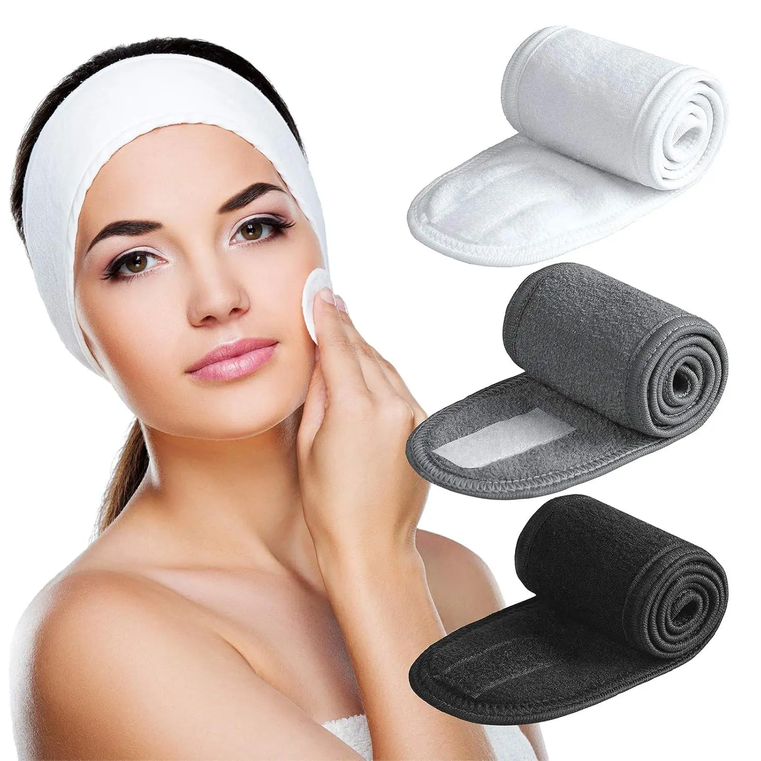 Spa Headband 3 Pack Ultra Soft Adjustable Face Wash Headband Terry Cloth Stretch Make Up Wrap for Face Washing, Shower, Facial Mask, Yoga (Black + White + Grey) Gift