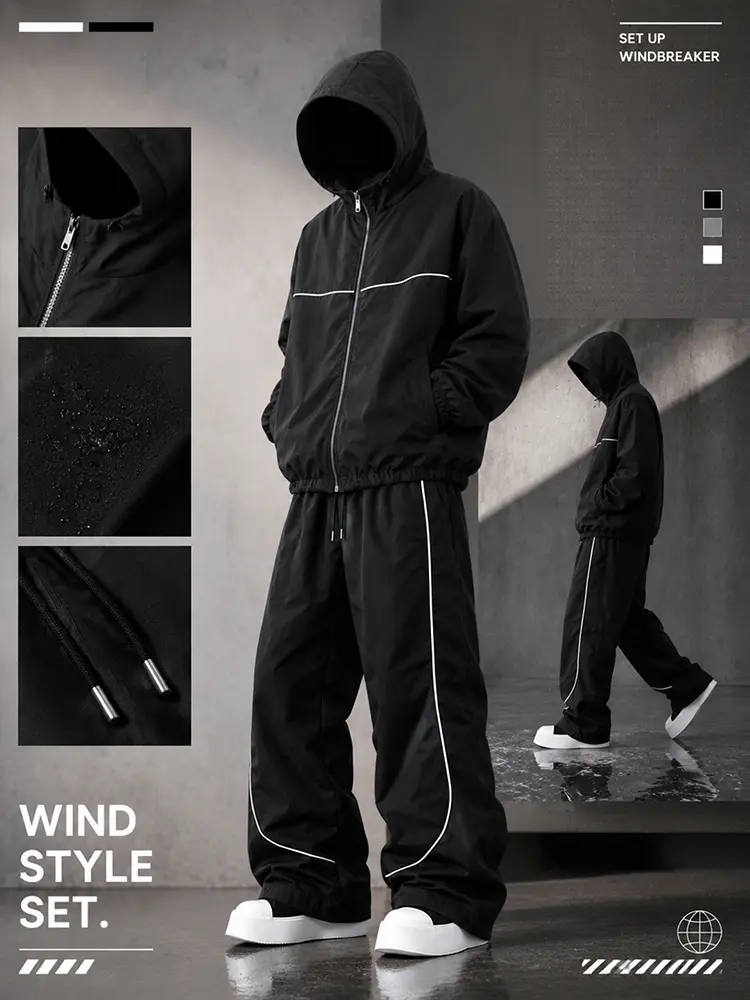 Men’s fashion casual sports set for spring and autumn, hooded jacket + casual long pants two-piece set, regular fit, trendy street style, windproof and comfortable, versatile and minimalist, suitable for outdoor activities and everyday wear.