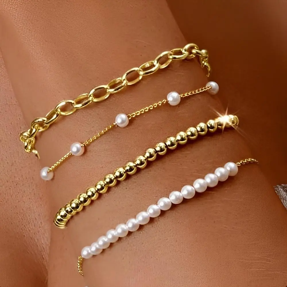 4 PCS Dainty Gold Pearl Crystal Beaded Bracelets Set for Women 14K Real Gold Plated Bead Pearl Crystal Beads Bracelet Stackable Paperclip Link Chain Bracelets Gold Bracelets for Women Trendy Jewelry