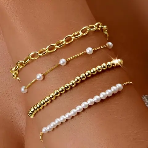 4 PCS Dainty Gold Pearl Crystal Beaded Bracelets Set for Women 14K Real Gold Plated Bead Pearl Crystal Beads Bracelet Stackable Paperclip Link Chain Bracelets Gold Bracelets for Women Trendy Jewelry