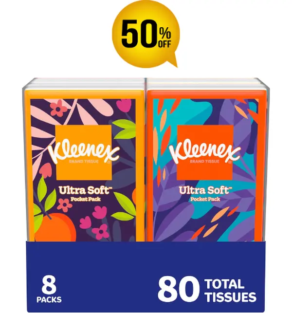 Kleenex On-The-Go Facial Tissues, 8 Travel Packs, 10 Tissues per Pack (Home Care Supplies for On-the-Go Use)
